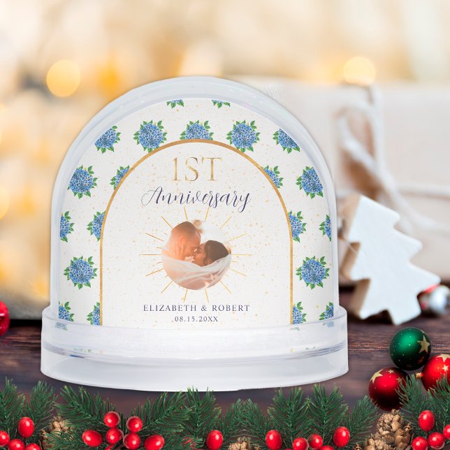 Blue Hydrangeas Gold Custom Photo 1st Anniversary Snowglobe (Creator Uploaded)