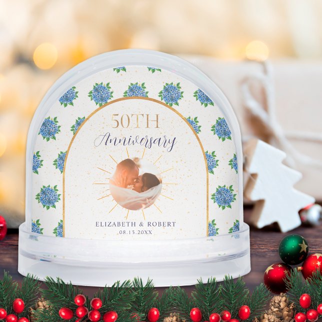 Blue Hydrangeas Gold Custom Photo 50th Anniversary Snowglobe (Creator Uploaded)