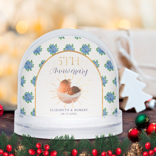 Blue Hydrangeas Gold Custom Photo 5th Anniversary Snowglobe (Creator Uploaded)