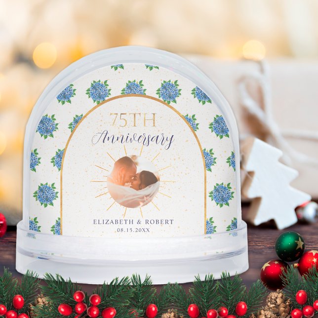 Blue Hydrangeas Gold Custom Photo 75th Anniversary Snowglobe (Creator Uploaded)