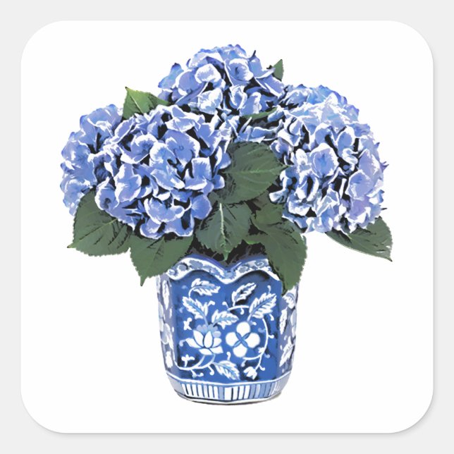 Blue Hydrangeas in a Floral Ceramic Pot Square Sticker (Front)