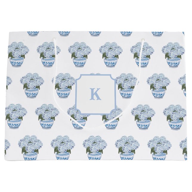 Blue Hydrangeas in Chinoiserie Pot  Large Gift Bag (Front)