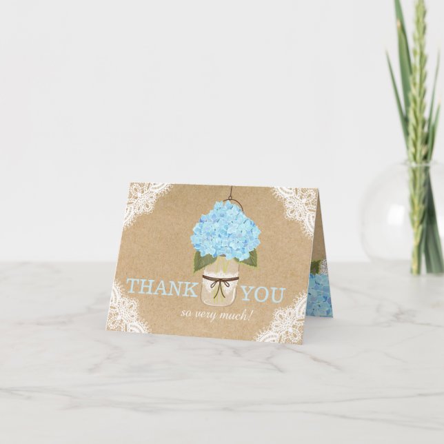 Blue Hydrangeas Lace Kraft Rustic Modern Thank You Card (Front)