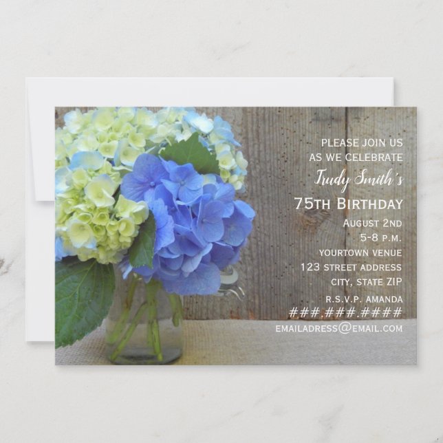 Blue Hydrangeas Mature Birthday Party Invitation (Front)