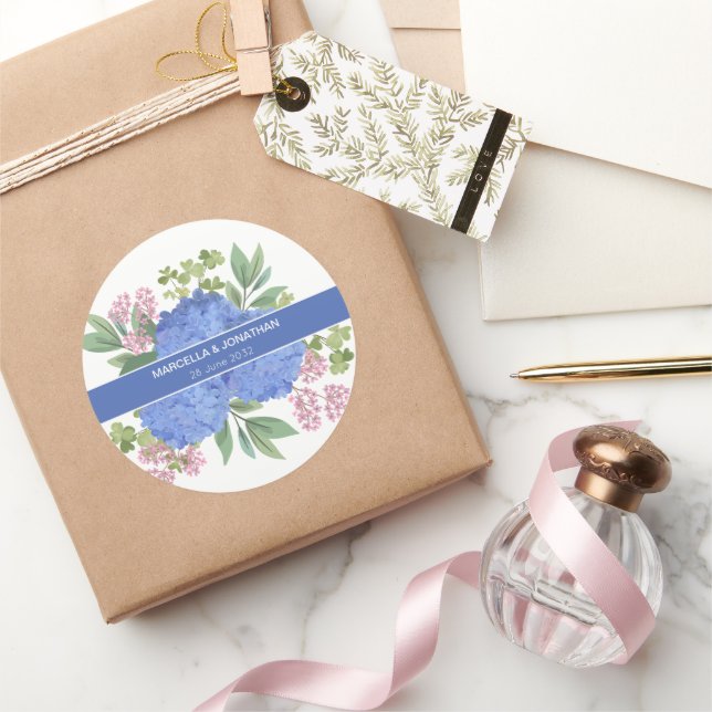 Blue Hydrangeas Modern Bouquet Custom  Classic Round Sticker (Gifting)