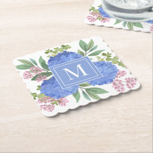 Blue Hydrangeas Modern Bouquet Custom Monogram Paper Coaster