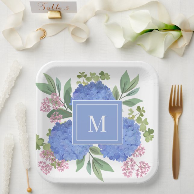 Blue Hydrangeas Modern Bouquet Custom Monogram  Paper Plate (Wedding)