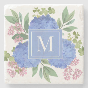 Blue Hydrangeas Modern Bouquet Custom Monogram Stone Coaster