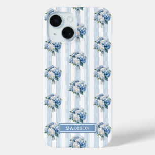 Blue Hydrangeas on Stripes iPhone 15 Case