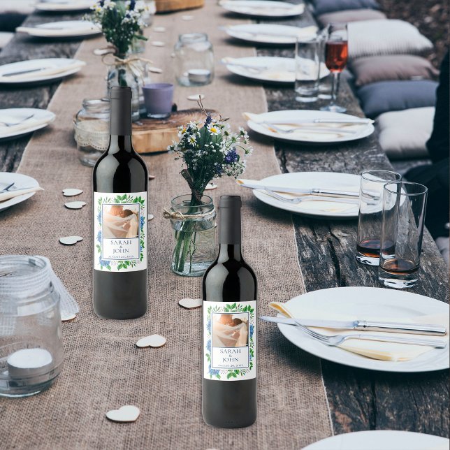 Blue Hydrangeas Photo Wedding Wine Label (Creator Uploaded)