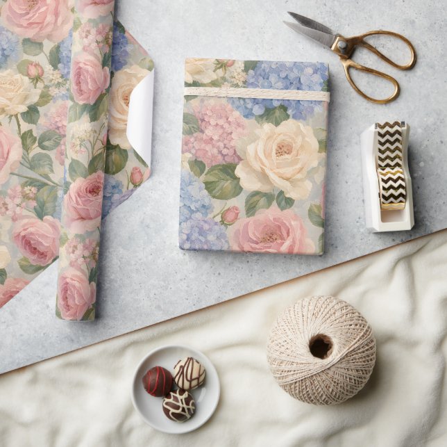 Blue HydrangeaS Pink Peonies Floral Elegant  Wrapping Paper (Crafts)