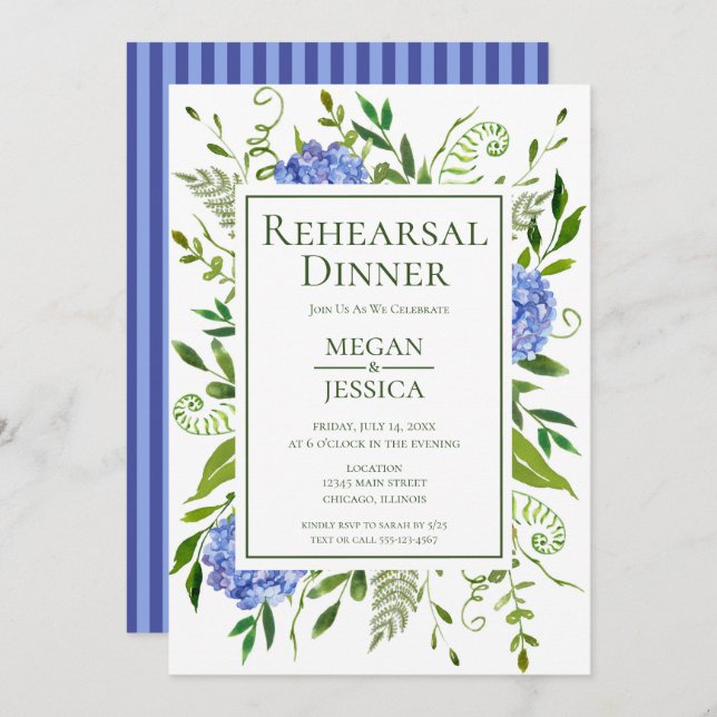 Blue Hydrangeas Rehearsal Dinner Invitation (Front/Back)