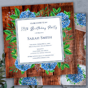 Blue Hydrangeas Rustic Wood 18th Birthday Party Invitation