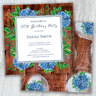 Blue Hydrangeas Rustic Wood 30th Birthday Party  Invitation