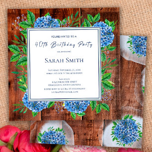 Blue Hydrangeas Rustic Wood 40th Birthday Party Invitation