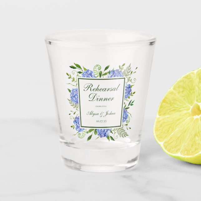 Blue Hydrangeas Script Rehearsal Dinner Shot Glass (Front)