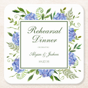 Blue Hydrangeas Script Rehearsal Dinner Square Paper Coaster