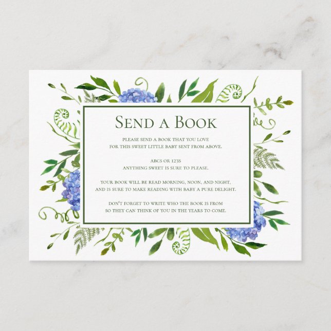 Blue Hydrangeas Send a Book Virtual Baby Shower Enclosure Card (Front)