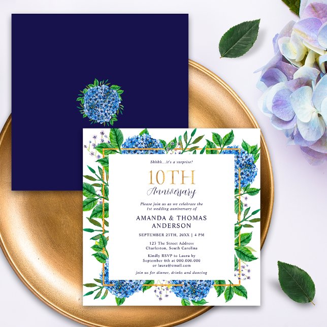 Blue Hydrangeas Surprise 10th Wedding Anniversary Invitation (Creator Uploaded)