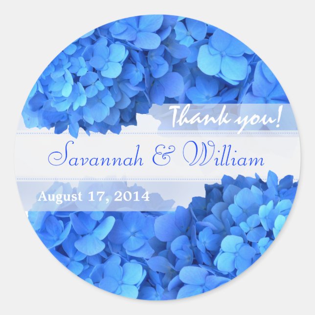 Blue Hydrangeas Thank You Reception Stickers (Front)