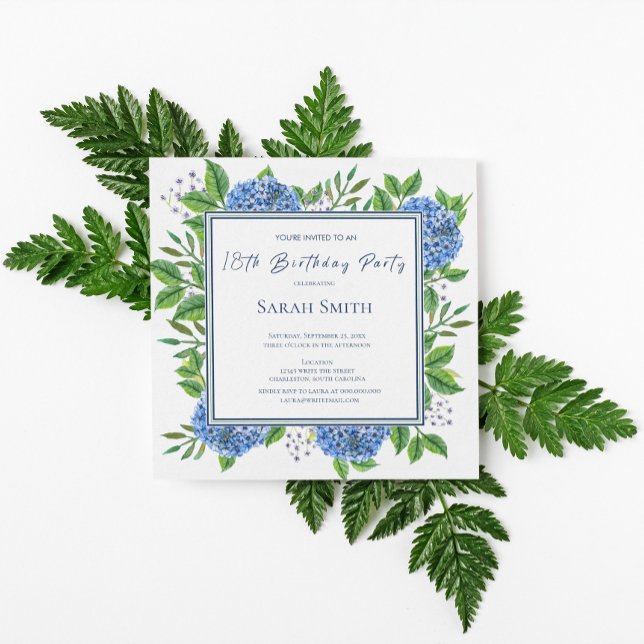 Blue Hydrangeas Watercolor 18th Birthday Party  Invitation (Creator Uploaded)