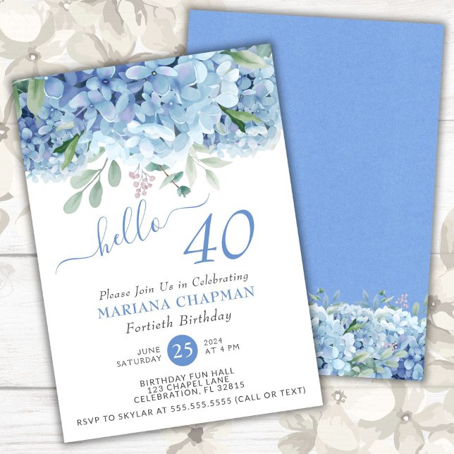 Blue Hydrangeas Watercolor Floral 40th Birthday In Invitation (Creator Uploaded)