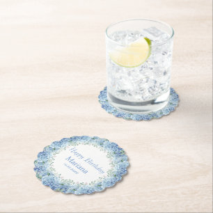 Blue Hydrangeas Watercolor Floral Birthday Paper Coaster