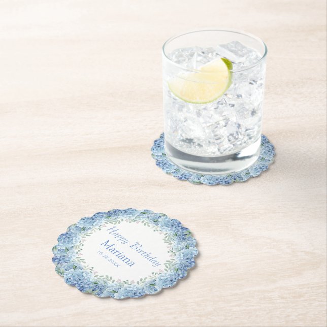 Blue Hydrangeas Watercolor Floral Birthday Paper Coaster (Insitu)