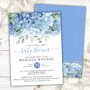 Blue Hydrangeas Watercolor Floral Boy Baby Shower Invitation