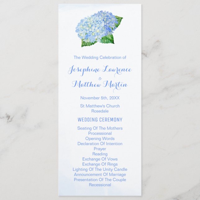 Blue Hydrangeas Watercolor Wedding Programs Programme (Front)