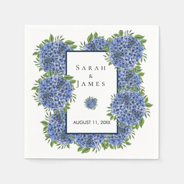 Blue Hydrangeas Watercolor Wedding Reception Napkin (Front)