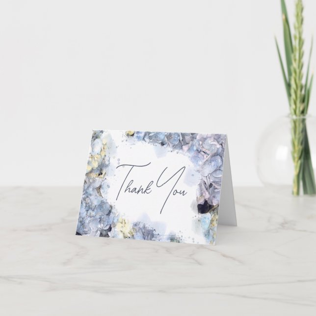 Blue Hydrangeas Watercolor Wedding Thank You Note Card (Front)