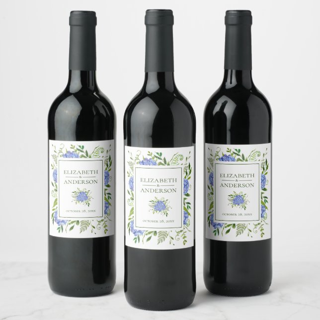 Blue Hydrangeas Watercolor Wedding Wine Label (Bottles)