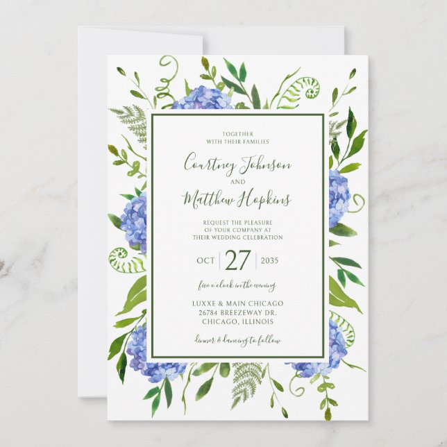 Blue Hydrangeas Wedding Invitation (Front)