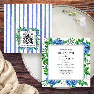 Blue Hydrangeas Wedding Invitation With QR Code