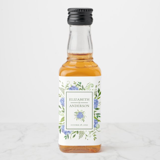 Blue Hydrangeas Wedding Liquor Bottle Label (Front)