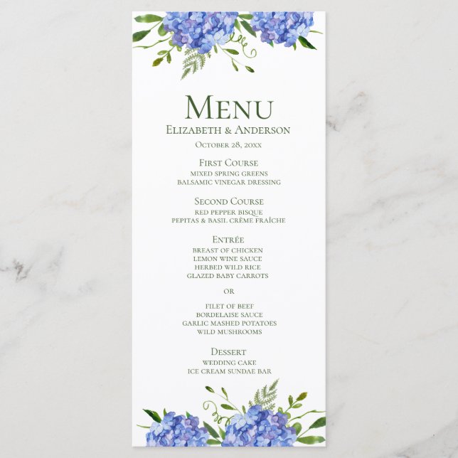 Blue Hydrangeas Wedding Menu (Front)