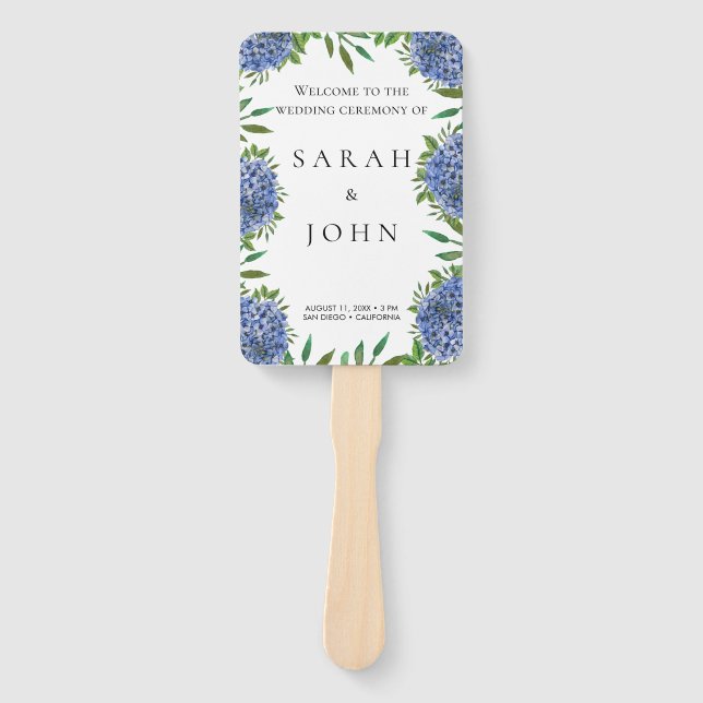 Blue Hydrangeas Wedding Program Hand Fan (Front)