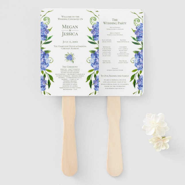 Blue Hydrangeas Wedding Program Hand Fan (Front and Back)