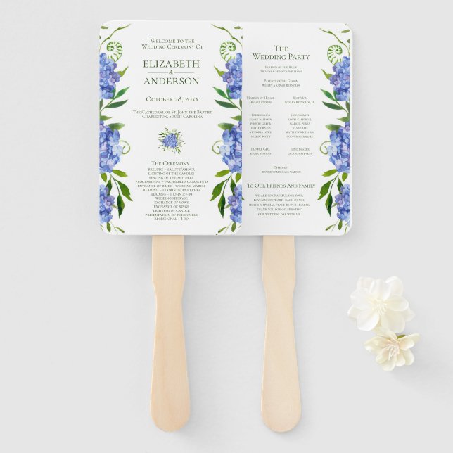 Blue Hydrangeas Wedding Program Hand Fan (Front and Back)