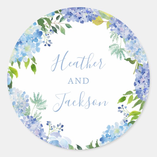 Blue Hydrangeas Wreath Wedding Round Sticker (Front)