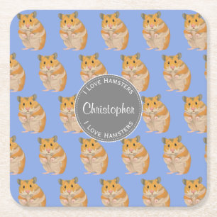 Blue I love Hamsters Hamster Pattern Square Paper Coaster