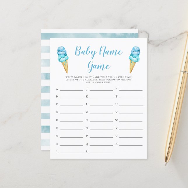 Blue Ice Cream Baby Name Shower Game (Front/Back In Situ)