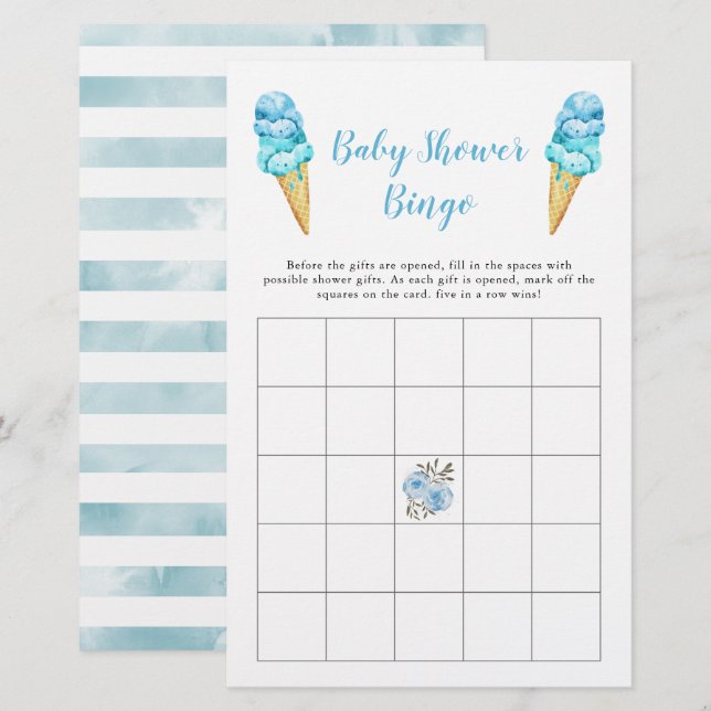 Blue Ice Cream Baby Shower Bingo Game (Front/Back)