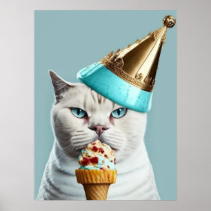 Blue Ice Cream King Cat with Gold Cone Wall Art