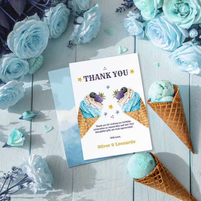 Blue Ice Cream Scoops For Two Boys Birthday Twins Thank You Card (Creator Uploaded)