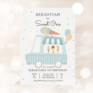 Blue Ice Cream Truck Sweet One 1st Birthday Party Invitation