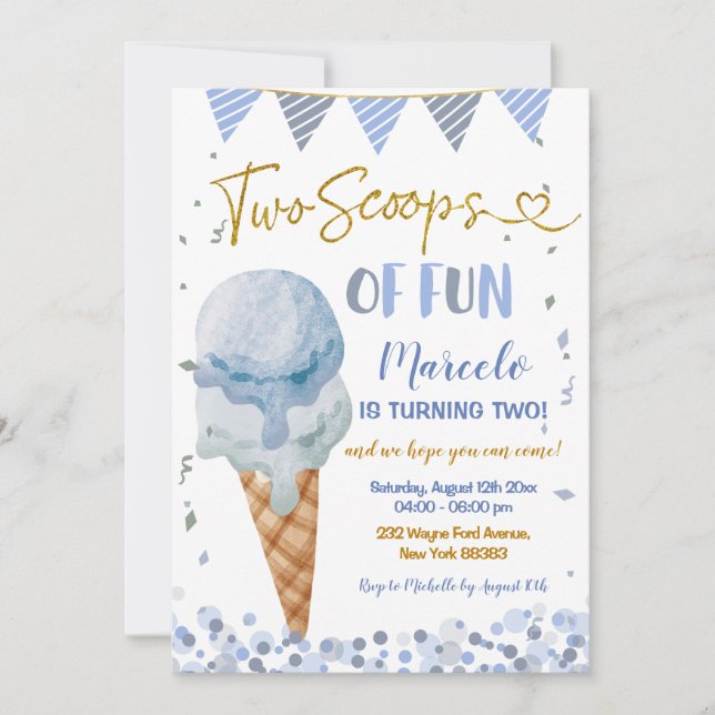 Blue Ice Cream Two Scoops Of Fun Second Birthday Invitation (Front)