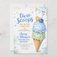 Blue Ice Cream Two Scoops Twin Boys Birthday
