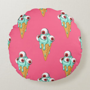 Blue ice cream with eyes. Pink background. Seamles Round Cushion